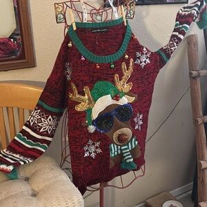 united states sweaters Red and Green Reindeer Sequin Holiday Crewneck Sweater